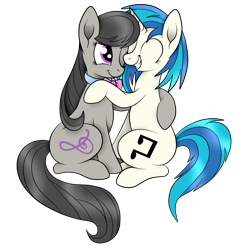 Size: 3000x3000 | Tagged: safe, artist:squipycheetah, character:dj pon-3, character:octavia melody, character:vinyl scratch, species:earth pony, species:pony, species:unicorn, ship:scratchtavia, cute, eyes closed, female, hug, lesbian, mare, one eye closed, redraw, shipping, simple background, sitting, tavibetes, transparent background, vinylbetes, wink