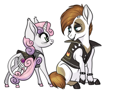 Size: 1024x768 | Tagged: safe, artist:loryska, character:pipsqueak, character:sweetie belle, species:classical unicorn, species:pony, species:unicorn, ship:sweetiesqueak, cloven hooves, emo, female, goth, leonine tail, male, older, shipping, simple background, straight, sweetie goth, unshorn fetlocks, white background