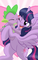 Size: 1200x1920 | Tagged: safe, artist:theroyalprincesses, character:spike, character:twilight sparkle, character:twilight sparkle (alicorn), species:alicorn, species:dragon, species:pony, baby, baby dragon, cute, cutie mark, female, heart, heart background, kiss on the cheek, kissing, male, mama twilight, mare, one eye closed, one eye open, open mouth, platonic kiss, smiling, spikabetes, spikelove, twiabetes