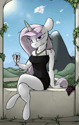 Size: 1000x1575 | Tagged: safe, artist:sinrar, character:fleur-de-lis, species:anthro, species:pony, species:unguligrade anthro, species:unicorn, breasts, clothing, cloud, crossed legs, dress, female, glass, little black dress, looking at you, mare, mountain, sitting, sky, smiling, wine glass