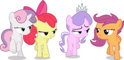 Size: 8050x3900 | Tagged: safe, artist:tomfraggle, character:apple bloom, character:diamond tiara, character:scootaloo, character:sweetie belle, species:pegasus, species:pony, episode:crusaders of the lost mark, g4, my little pony: friendship is magic, cutie mark crusaders, high res, lidded eyes, light of your cutie mark, running, simple background, transparent background, vector, walking