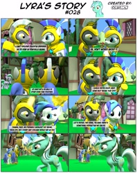 Size: 3928x4960 | Tagged: safe, artist:goatcanon, character:flitter, character:lyra heartstrings, oc, oc:general dust, oc:general strawcream, species:pony, comic:lyra's story, 3d, comic, female, guardsmare, implied straight, mare, milk, royal guard, source filmmaker
