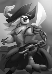 Size: 1000x1414 | Tagged: safe, artist:edowaado, character:captain celaeno, species:anthro, species:parrot, my little pony: the movie (2017), chains, clothing, female, grayscale, hat, monochrome, pirate hat, shackles, sword, weapon