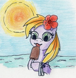 Size: 742x761 | Tagged: safe, artist:kuroneko, derpibooru original, oc, oc only, oc:beach pie, species:earth pony, species:pony, my little pony: the movie (2017), colored pencil drawing, flower, flower in hair, food, green eyes, ice cream, mlp movie pony maker, ocean, solo, sun, tongue out, traditional art