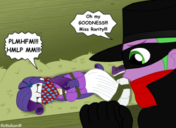 Size: 1024x745 | Tagged: safe, artist:robukun, character:rarity, character:spike, my little pony:equestria girls, bondage, cloth gag, gag, human spike, pulp hero, the shadow, tied up