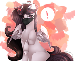 Size: 1919x1574 | Tagged: safe, artist:mauuwde, oc, oc only, oc:perfume, species:pegasus, species:pony, exclamation point, female, mare, mask, simple background, solo, transparent background