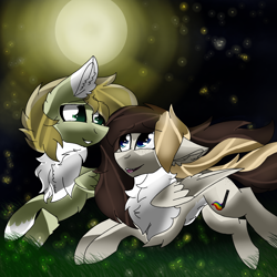 Size: 2560x2560 | Tagged: safe, artist:brokensilence, oc, oc only, oc:auctor, oc:misty serenity, species:pegasus, species:pony, eye contact, firefly, freckles, full moon, looking at each other, mistor, moon, night, running, shipping, windswept mane