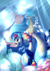 Size: 1414x2000 | Tagged: safe, artist:edowaado, character:princess skystar, species:seapony (g4), g4, my little pony: the movie (2017), bubble, female, seaweed, smiling, solo, underwater