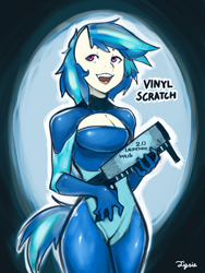 Size: 1800x2400 | Tagged: safe, artist:hot headed clover, character:dj pon-3, character:vinyl scratch, species:anthro, bass cannon, boob window, breasts, cleavage, clothing, female, latex, latex suit, open mouth, solo