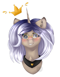 Size: 1385x1778 | Tagged: safe, artist:mauuwde, oc, oc only, species:pony, species:unicorn, blushing, bust, crown, female, glasses, jewelry, mare, portrait, regalia, simple background, solo, transparent background