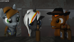 Size: 3840x2160 | Tagged: safe, artist:goatcanon, oc, oc:blackjack, oc:calamity, oc:littlepip, oc:velvet remedy, species:pegasus, species:pony, species:unicorn, fallout equestria, fallout equestria: project horizons, 3d, alcohol, bar, beer, clothing, crossover, fallout, fanfic, fanfic art, female, hat, horn, male, mare, source filmmaker, stallion, vault suit, wings