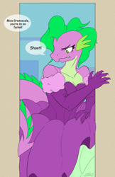 Size: 920x1422 | Tagged: safe, artist:nolycs, character:barb, character:spike, species:anthro, species:dragon, barbara greenscale, clothing, dialogue, dragoness, dress, female, older barb, rule 63, solo, speech bubble