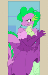 Size: 920x1422 | Tagged: safe, artist:nolycs, character:barb, character:spike, species:anthro, species:dragon, clothing, dragoness, dress, female, rule 63, solo