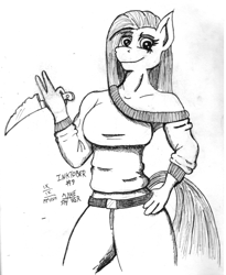 Size: 1599x1951 | Tagged: safe, artist:mane-shaker, character:pinkamena diane pie, character:pinkie pie, species:anthro, inktober, bad anatomy, belt, clothing, inktober 2017, knife, looking at you, monochrome, sweater, traditional art