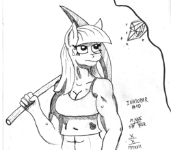 Size: 1548x1354 | Tagged: safe, artist:mane-shaker, character:maud pie, species:anthro, inktober, abs, bad anatomy, gem, inktober 2017, mineral, monochrome, muscles, pickaxe, traditional art