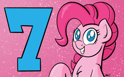 Size: 2560x1600 | Tagged: safe, artist:ashtoneer, character:pinkie pie, 7, 7th anniversary, anniversary, button eyes, cel shading, chest fluff, female, happy birthday mlp:fim, mlp fim's seventh anniversary, raised hoof, simple background, smiling, solo