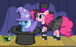 Size: 1920x1200 | Tagged: safe, artist:deathpwny, character:gummy, character:pinkie pie, character:trixie, species:earth pony, species:pony, species:unicorn, bunny out of the hat, clothing, dapper, female, hat, magic trick, mare, stage, top hat, unamused