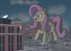 Size: 2272x1621 | Tagged: safe, artist:rapidstrike, part of a set, character:flutterbat, character:fluttershy, species:bat pony, species:pony, series:giant flutterbat, car, city, destruction, drool, female, giant pony, loss (meme), macro, mare, night, part of a series, people, race swap, raised hoof, san francisco, scenery, solo focus, stadium, tongue out, vehicle