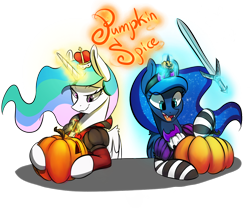 Size: 1200x1000 | Tagged: safe, artist:xxmarkingxx, character:princess celestia, character:princess luna, species:pony, clothing, costume, female, glowing horn, halloween, holiday, magic, mare, nightmare night, pumpkin, pumpkin carving, royal sisters, simple background, sisters, smiling, sword, transparent background, weapon