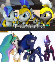 Size: 3840x4328 | Tagged: safe, artist:goatcanon, character:princess celestia, character:princess luna, character:tempest shadow, oc, oc:general dust, oc:general strawcream, species:pony, my little pony: the movie (2017), 3d, bar, comic, female, guardsmare, mare, royal guard, source filmmaker