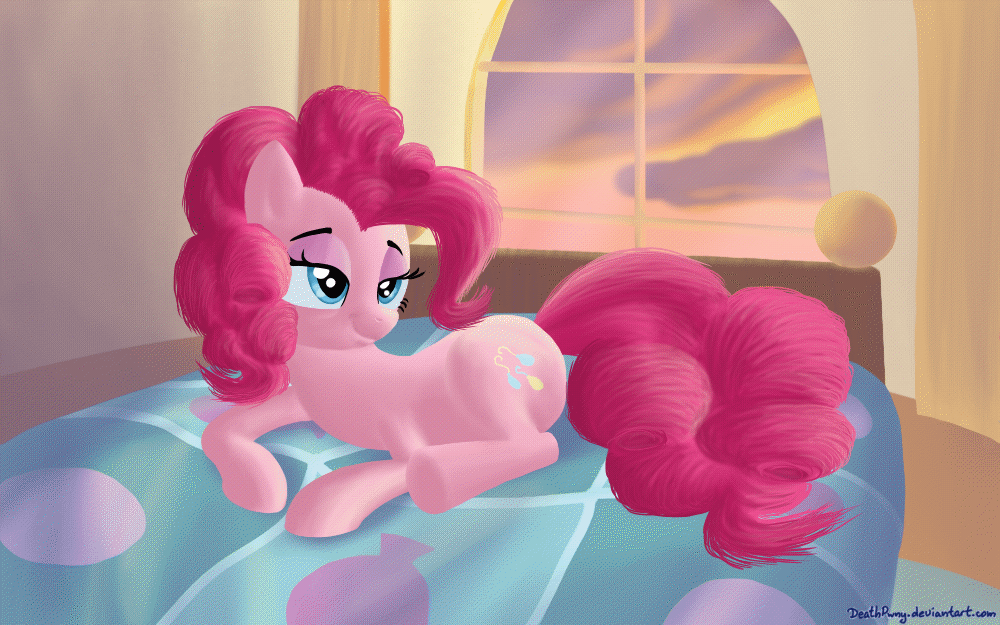 Size: 1000x625 | Tagged: safe, artist:deathpwny, character:pinkie pie, species:earth pony, species:pony, animated, bed, blinking, female, gif, mare, morning ponies, prone, scratching, smiling, solo