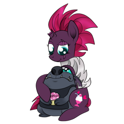 Size: 3000x3000 | Tagged: safe, artist:squipycheetah, character:fizzlepop berrytwist, character:grubber, character:tempest shadow, ship:grubbest, my little pony: the movie (2017), broken horn, cupcake, cute, food, grubberbetes, hug, puppy dog eyes, shipping, simple background, the great princess caper, transparent background
