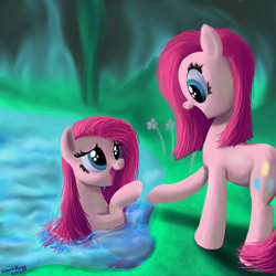 Size: 2000x2000 | Tagged: safe, artist:deathpwny, character:pinkamena diane pie, character:pinkie pie, species:earth pony, species:pony, episode:too many pinkie pies, g4, my little pony: friendship is magic, cave, cave pool, clone, cute, cuteamena, duality, female, mirror pool, pinkie clone, too many pinkamenas