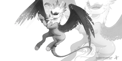 Size: 1600x800 | Tagged: safe, artist:wilvarin-liadon, oc, oc only, oc:swanlee, species:griffon, commission, female, flying, grayscale, looking at you, monochrome, one eye closed, patreon, piercing, solo, spread wings, tail ring, wings, wink, zoom layer