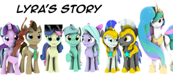 Size: 3840x1708 | Tagged: safe, artist:goatcanon, character:bon bon, character:doctor whooves, character:flitter, character:lyra heartstrings, character:princess celestia, character:starlight glimmer, character:sweetie drops, character:time turner, oc, oc:general dust, oc:general strawcream, species:pony, comic:lyra's story, 3d, female, guardsmare, mare, necktie, royal guard, s5 starlight, simple background, staff, staff of sameness, sunglasses, white background