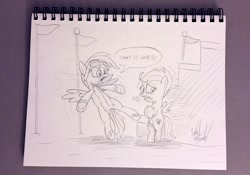 Size: 1100x768 | Tagged: safe, artist:fuzon-s, character:rainbow dash, character:scootaloo, species:pegasus, species:pony, clothing, monochrome, need to pee, omorashi, potty dance, potty emergency, potty time, request, requested art, traditional art, trotting in place, uniform, wonderbolts, wonderbolts uniform