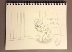 Size: 1024x747 | Tagged: safe, artist:fuzon-s, character:sweetie belle, bathroom, desperation, female, need to pee, omorashi, potty dance, potty emergency, potty time, request, requested art, sketch, solo, traditional art, trotting, trotting in place