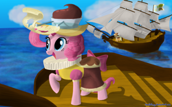 Size: 2000x1250 | Tagged: safe, artist:deathpwny, character:applejack, character:pinkie pie, species:earth pony, species:pony, chancellor puddinghead, clothing, costume, duo, duo female, female, flag, hat, map, mare, ocean, raised hoof, ruff (clothing), ship, smart cookie