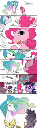 Size: 640x2160 | Tagged: safe, artist:elslowmo, artist:sunibee, edit, character:pinkie pie, character:princess celestia, character:spike, character:twilight sparkle, species:alicorn, species:dragon, species:earth pony, species:pony, species:unicorn, aaaaaaaaaa, bet you can't make a face crazier than this, color edit, colored, comic, crown, dialogue, dropping, eye contact, female, funny, g3 faic, hoers, horn, jewelry, laughing, looking at each other, magic, mare, mouth hold, nightmare fuel, open mouth, peytral, pinkie blind, princess celestia is a horse, realistic, regalia, shocked