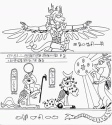 Size: 1651x1843 | Tagged: safe, artist:kuroneko, derpibooru original, character:discord, character:princess celestia, character:princess luna, oc, oc:harmony (kuroneko), species:alicorn, species:pony, egyptian, elements of harmony, hieroglyphics, hieroglyphs, monochrome, moon, sun, traditional art, wings