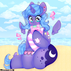 Size: 4000x4000 | Tagged: safe, artist:bunxl, character:princess luna, species:alicorn, species:anthro, species:pony, beach, blue sky, clothing, cloud, ear piercing, earring, female, jewelry, mare, piercing, sand, solo, swimsuit