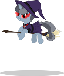 Size: 1024x1211 | Tagged: safe, artist:mlp-trailgrazer, oc, oc only, oc:nurse bloodlust, species:pony, species:unicorn, alicorn amulet, broom, clothing, dark magic, female, flying, flying broomstick, hat, magic, mare, nightmare night, simple background, solo, transparent background, witch, witch hat