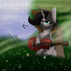 Size: 2560x2560 | Tagged: safe, artist:brokensilence, oc, oc only, oc:emerald whiplash, species:pony, species:unicorn, chest fluff, commission, ear fluff, grass, guitar, leonine tail, music notes, one eye closed, singing, sitting, solo, tree