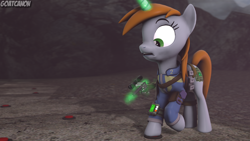 Size: 3840x2160 | Tagged: safe, artist:goatcanon, oc, oc:littlepip, species:pony, species:unicorn, fallout equestria, 3d, clothing, crossover, fallout, fanfic, fanfic art, female, glowing horn, gun, handgun, horn, land mine, little macintosh, magic, mare, pipbuck, revolver, solo, source filmmaker, telekinesis, this will end in death, this will end in explosions, vault suit, wasteland, weapon