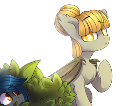 Size: 2306x2000 | Tagged: safe, artist:starlyfly, oc, oc only, oc:luca, oc:speck, species:bat pony, :t, bush, chest fluff, female, fluffy, frown, hiding, leg fluff, looking back, siblings, simple background, sisters, sitting, stalker, stalking, transparent background