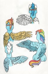 Size: 624x953 | Tagged: safe, artist:kuroneko, derpibooru original, character:fleetfoot, character:rainbow dash, character:soarin', character:spitfire, species:pegasus, species:pony, back, clothing, goggles, rear view, simple background, sitting, traditional art, uniform, white background, wing types, wonderbolts, wonderbolts uniform