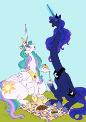 Size: 2480x3507 | Tagged: safe, artist:mellowhen, character:princess celestia, character:princess luna, species:alicorn, species:pony, blue background, cookie, cup, eye contact, female, food, grass, hoof hold, impossibly long neck, levitation, lidded eyes, long neck, looking at each other, looking up, magic, mare, necc, neck, open mouth, picnic, pouring, princess luneck, sandwich, sibling rivalry, simple background, sitting, smiling, smirk, sunbutt, surprised, tea, teacup, teapot, telekinesis, the ass was fat, wat, wide eyes