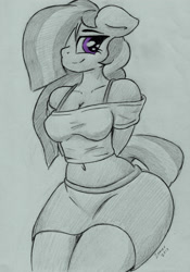 Size: 1619x2316 | Tagged: safe, artist:zemer, character:marble pie, species:anthro, belly button, bra strap, clothing, cute, female, midriff, miniskirt, moe, short shirt, skirt, solo