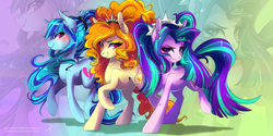 Size: 3464x1732 | Tagged: safe, artist:wilvarin-liadon, character:adagio dazzle, character:aria blaze, character:sonata dusk, species:earth pony, species:pony, abstract background, blushing, color porn, cutie mark, ear fluff, equestria girls ponified, eyestrain warning, female, long mane, looking at you, mare, ponified, raised hoof, smiling, the dazzlings, trio, zoom layer