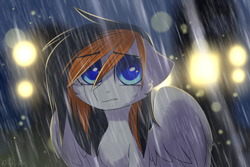 Size: 3000x2000 | Tagged: safe, artist:starlyfly, oc, oc only, oc:rainy sky, species:pegasus, species:pony, commission, crying, detailed background, female, looking at you, mare, night, rain, sad, solo, wet mane, ych result