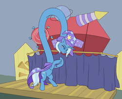 Size: 3373x2753 | Tagged: safe, artist:mellowhen, character:trixie, are you frustrated?, cape, clothing, elongated, elongated body, female, hat, impossibly long neck, long neck, meme, necc, rearing, scrunchy face, solo, stage, trixie's cape, trixie's hat, wat