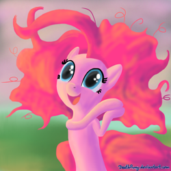 Size: 1000x1000 | Tagged: safe, artist:deathpwny, character:pinkie pie, species:earth pony, species:pony, bipedal, female, happy, hooves together, mare, messy mane, smiling, solo