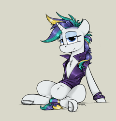 Size: 1088x1131 | Tagged: safe, artist:sinrar, character:rarity, species:pony, species:unicorn, alternate hairstyle, bracelet, chest fluff, clothing, eyeshadow, female, gray background, jacket, jewelry, leather jacket, lidded eyes, looking at you, makeup, mane dye, mare, punk, punkity, simple background, sitting, smiling, solo, underhoof