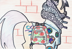 Size: 1280x873 | Tagged: safe, artist:shoeunit, oc, oc only, oc:shoelace, species:earth pony, species:pony, backpack, clothing, colored pencil drawing, female, ink, jacket, mare, patch, solo, traditional art
