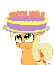 Size: 559x673 | Tagged: safe, artist:aa, character:applejack, species:earth pony, species:pony, birthday cake, cake, hapvw mnulh milnum nim, written equestrian
