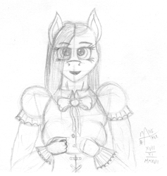 Size: 1077x1135 | Tagged: safe, artist:mane-shaker, character:pinkamena diane pie, character:pinkie pie, species:anthro, species:earth pony, species:pony, bow tie, clothing, corset, dress, female, looking at you, monochrome, open mouth, solo, traditional art, victorian, wip